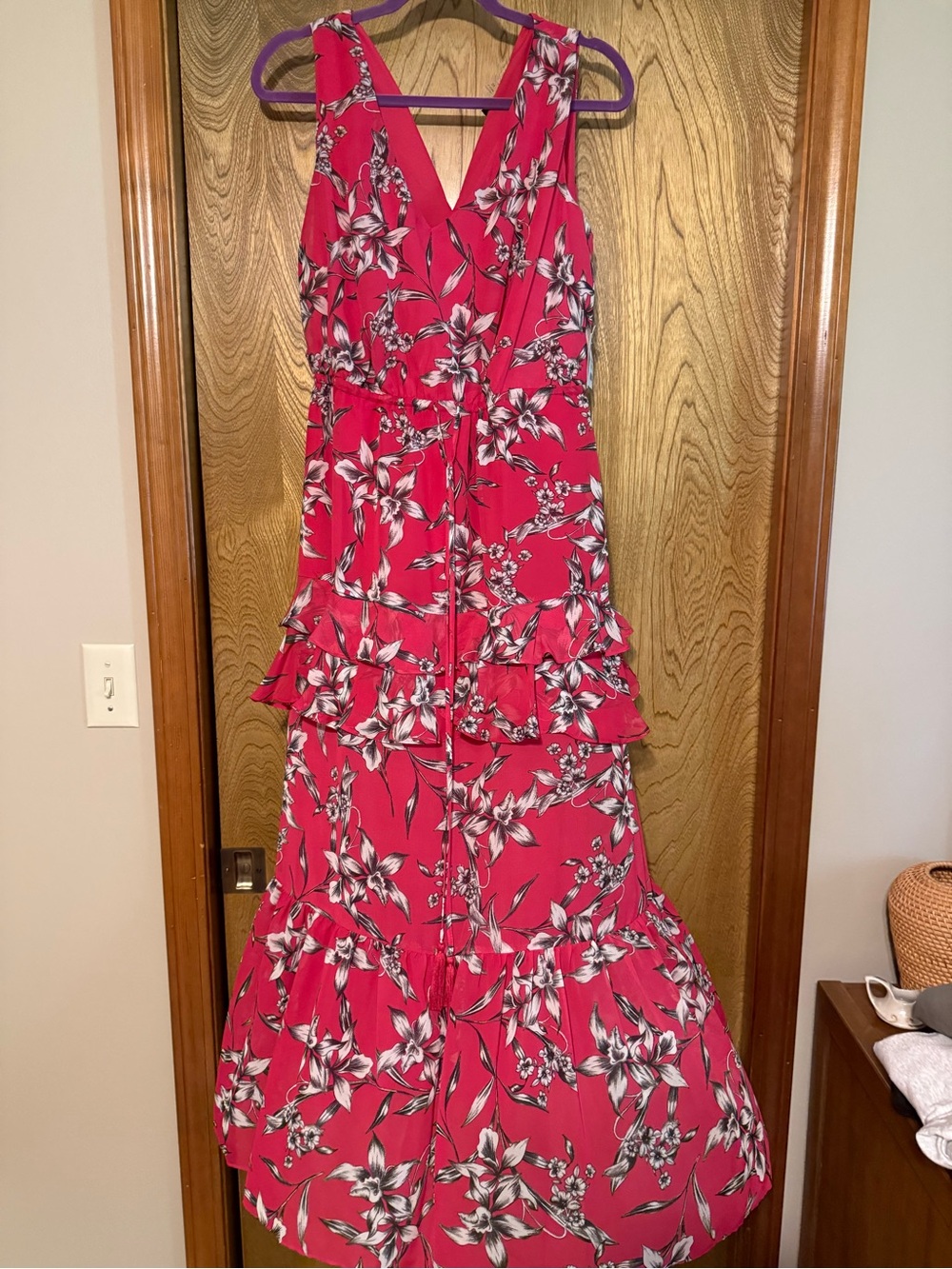 Taylor Hot Pink Floral V-Neck Tiered Maxi Dress. NWT